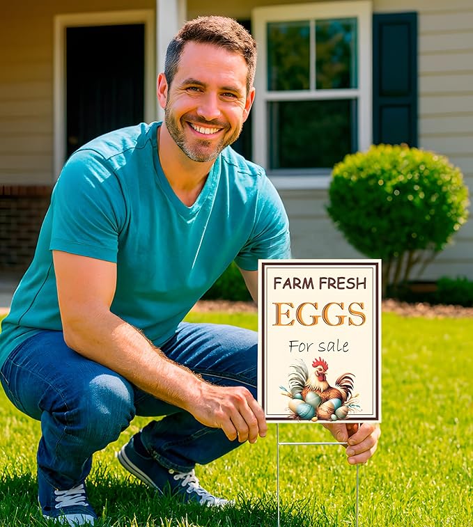 Set of 3 Double Sided 12x16 Inches Farm Fresh Eggs For Sale Sign with Metal H-Stakes - Fresh Chicken Eggs For Sale Sign - Plastic Farm Fresh Eggs Sold Here Yard Sign - Signs Chicken Coop Decoration