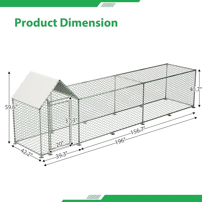 Metal Chicken Coop with Waterproof Cover, 16x3x5ft Chicken Run for Yard, Outdoor Backyard Farm Walk-in Hen House, Chickens Poultry Cage for Ducks, Rabbits and Small Pets