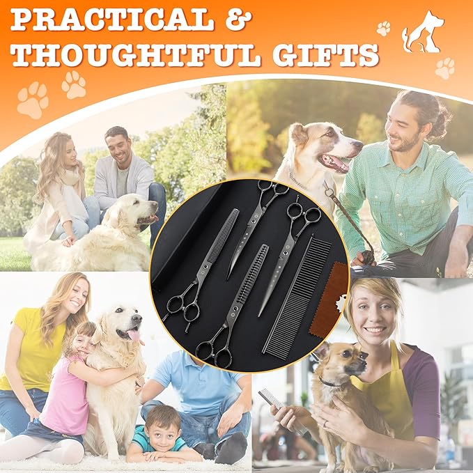 Dream Reach Dog Grooming Scissors - Professional 7.5 Inch Pet Scissors Sharp and Durable Shears Set Thinning, Chunker, Straight, Curved Shears and Comb for Dog Cat Pet, Black
