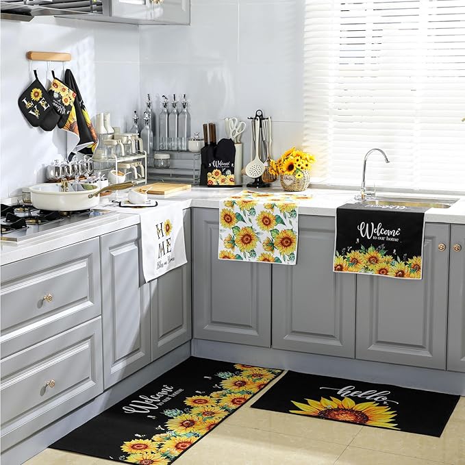 10 Pcs Sunflower Kitchen Dish Towels Rugs Oven Mitts and Pot Holders Set Farmhouse Kitchen Decor Set for Women Mom Daughter Gift Cooking Baking Grilling (Bright Black Yellow)