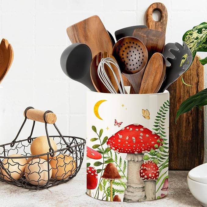pinata Mushroom Kitchen Decor Ceramic Utensil Holder, Cute Mushroom Utensils Holder for Farmhouse Indoor Kitchen Decorations Rustic Farmhouse Decor (6.3 inch)