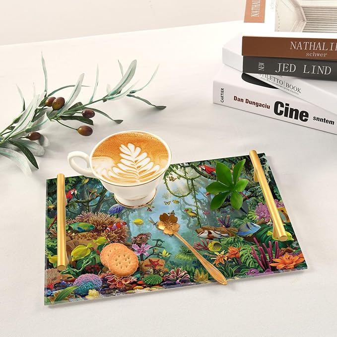 Bathroom Vanity Tray Counter Organizer, Tropical Rainforest Ecosystem Decorative Tray with Handles Countertop Storage for Bathroom Bedroom Kitchen Home Farmhouse