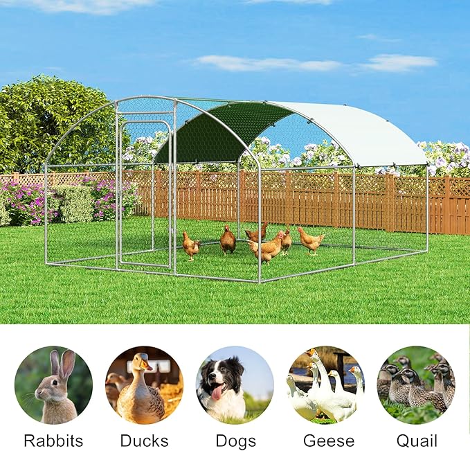 Large Metal Chicken Coop Walk-in Poultry Cage with Waterproof and UV-Resistant Cover, Outdoor Chicken Run Poultry Hen House for Backyard Farm Use,Dome Roof(10’ W x 13.2’ L x 6.4’ H)