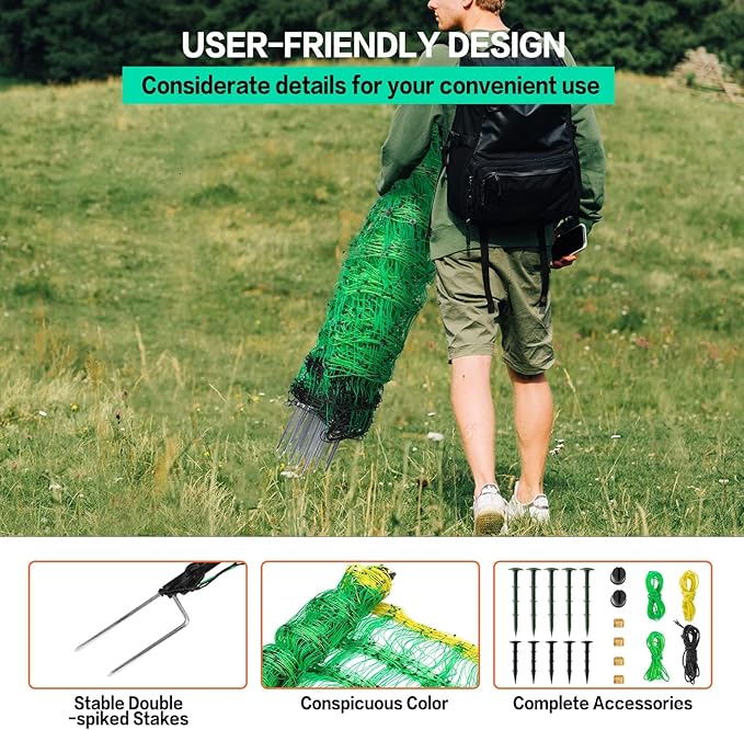 Electric Poultry Netting, 49.6" H x 164' L, Electric Chicken Fence with 14 Posts Double Spiked, Utility Portable Mesh for Chickens Sheep Hogs Goats Deer Dogs Lambs Used in Backyards Farms Ranches