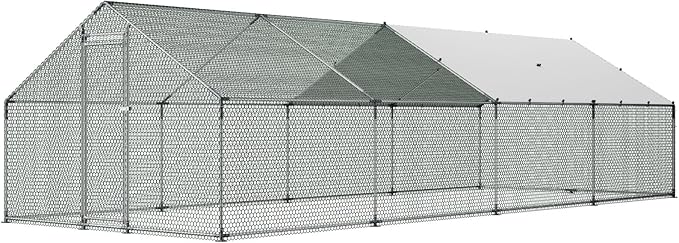 VEVOR Large Metal Chicken Coop with Run, 9.8x26.5x6.5 ft Walk-in Chicken Runs for Yard with Cover, Spire Roof Hen House with Security Lock for Outdoor and Backyard, Farm, Duck Rabbit Cage Poultry Pen