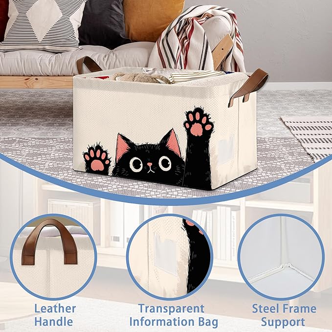 Funny Black Cat Storage Baskets,Foldable Organizer Bin with Handles for Home Living Room Bedroom Closet Box 17x11.5x10Inch
