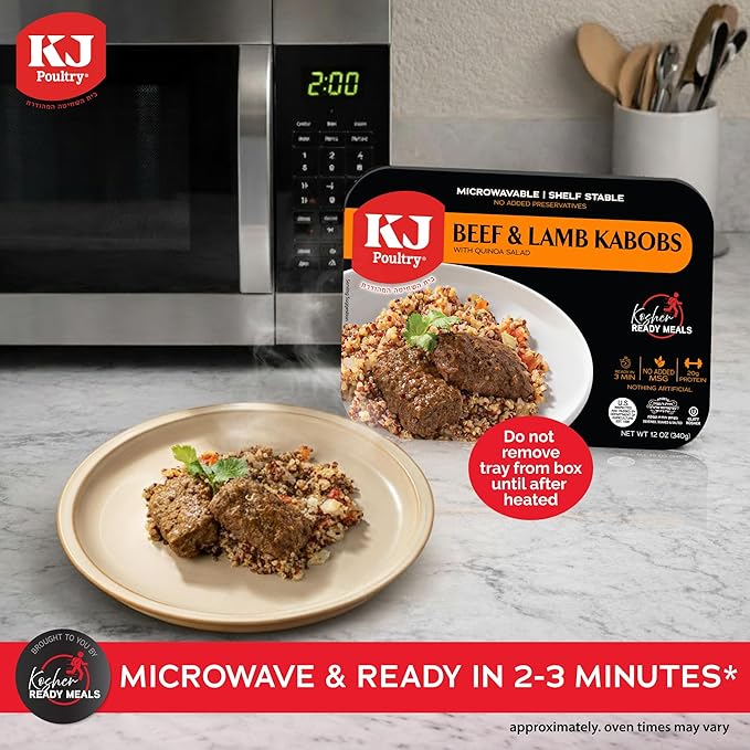 KJ Poultry Kosher Ready Meals - Beef Lamb Kabob & Quinoa, MRE Meat Meals Ready to Eat (3 Pack) Prepared Entree Fully Cooked, Shelf Stable Microwave Dinner Travel, Military, Camping, Emergency Survival