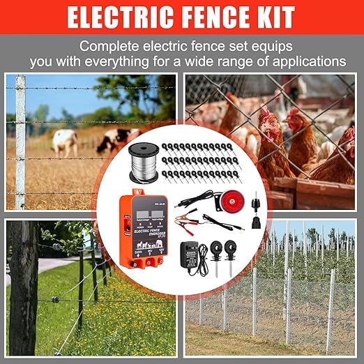 5.5J Electric Fence Charger with Digital Display & Alarm, AC/DC Dual Power, 12V Input 8KV/12KV Output, 250ft Aluminum Wire 50 Insulators & Socket Tool for Animal Control Predator Deterrent