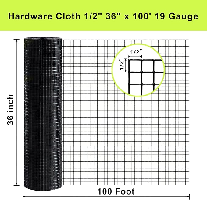 Black Hardware Cloth 1/2 in 36 x 100 ft 19 Gauge - Black Vinyl Coated Wire Mesh Roll Chicken Wire Fencing Wire Fence Rolls