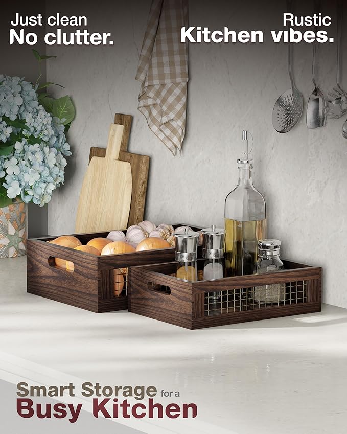 Wooden Countertop Baskets Set of 2 for Kitchen, Pantry|Wall Mount Upgrade with Full Accessories| Rustic Nesting Boxes|Wooden Organizer Crates for Vegetables, Produce, Bread