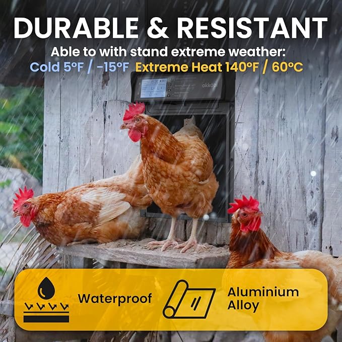 Okkobi Automatic Chicken Coop Door Solar Powered - LCD Display - Chicken Coop Door with Light Sensor & Timer - Security & Peace of Mind: Anti-Pinch Function - 5-Year Protection - Black