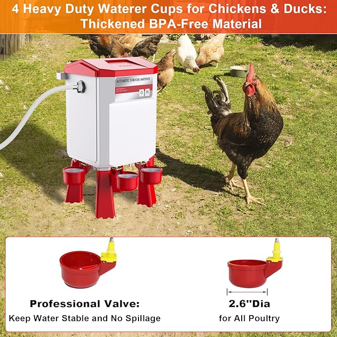 Automatic Chicken Waterer 2 Gallons, Float-Controlled Chicken Water Feeder with 4 Water Cups, 158.4-Inch Hose with 3/4'' and 1/2'' Ends, Large Poultry Waterer for Chick Quail Duck Turkey, Red