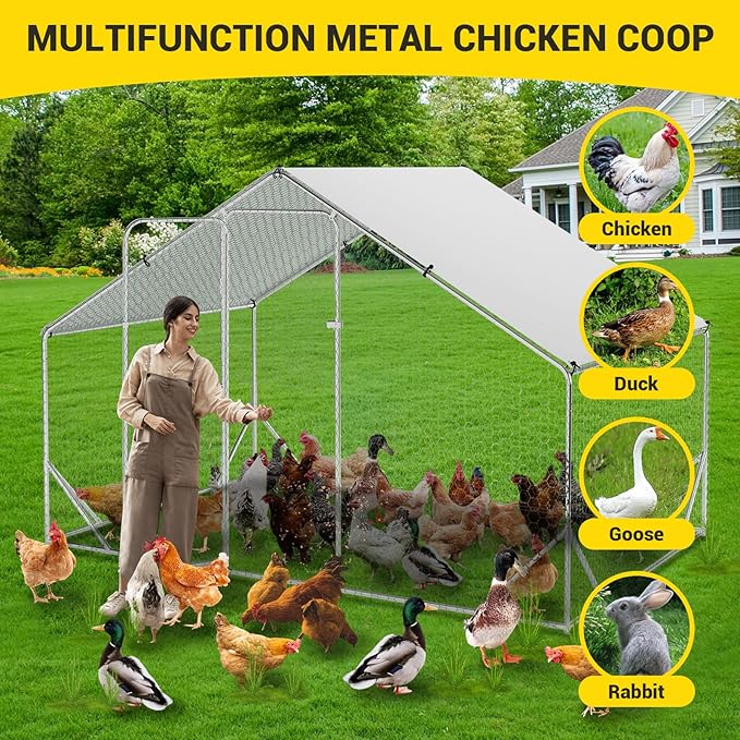GarveeLife Large Chicken Coop, Metal Chicken Run with Anti-Ultraviolet Waterproof Cover, Spire Roof Walk in Poultry Cage, Outdoor Chicken Pen for Backyard and Farm Use, 9.8 ft x 6.5 ft x 6.5 ft