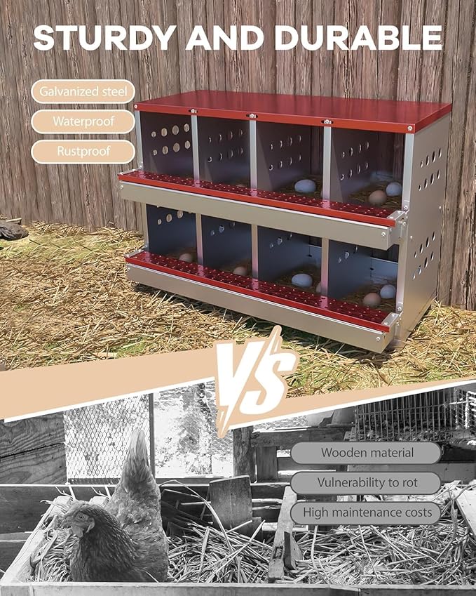 8-Compartment Galvanized Metal Chicken Nesting Box – Roll Away Egg Tray, Rustproof, Perch, 8 Training Eggs – Waterproof Ventilated Coop Accessory – Red