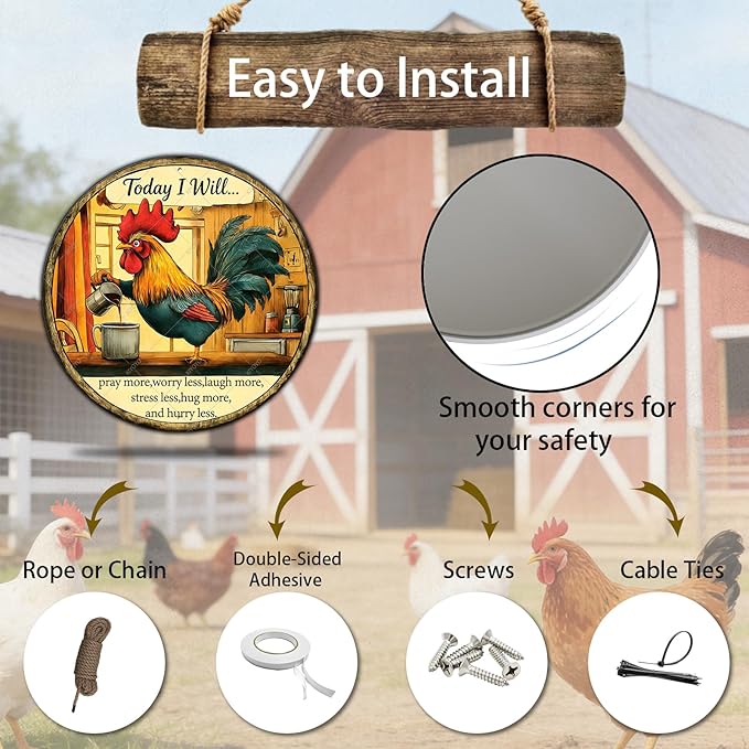Chicken Signs Rooster Kitchen Round Wall Decor Today I Will Pray More Worry Less Metal Tin Sign Funny Chicken Coop Accessories Rooster Decor Home Garden Farm Yard Office 12 Inch