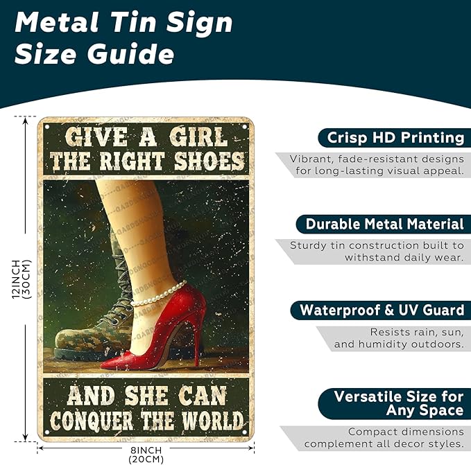 Funny Retro Vintage Veteran Metal Sign Female Veteran Give A Girl The Right Shoes Military Metal Poster Home Kitchen Bar Pub Garden Garage Aluminium Sign Art Wall Decor 12x8 Inch