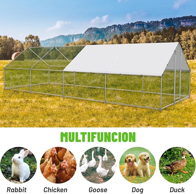 Large Metal Chicken Coop Walk-in Poultry Cage with Water-Resident and Anti-UV Cover Duck Rabbit Cat House Outdoor Chicken Run Pen with Spire Shaped Cage