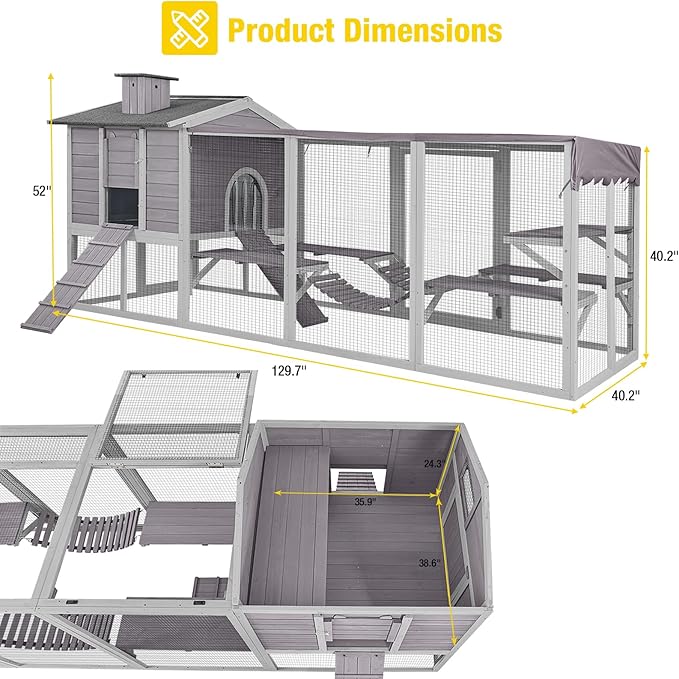 Large 2-Story Wooden Chicken Coop with Weatherproof Run & Canopy - Spacious Hen House for 6-8 Chickens, Rabbits, Ducks - Easy-Clean Design