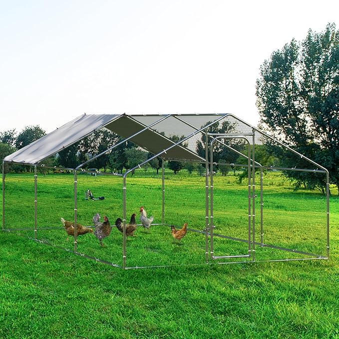 BOSSIN Large Metal Chicken Coop with Waterproof Cover, Poultry Cage Spire Shaped Coop, Walk-in and Heavy Duty Design, Chicken Run Duck House Resistant to Wind, rain, and UV Cover for Farm Yard Use