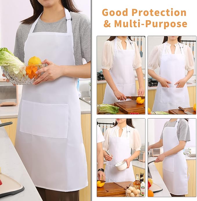 Tosewever 2 Pack Adjustable Bib Apron, Waterdrop Resistant Aprons with 2 Pockets Cooking Kitchen Restaurant Aprons for Women Men Chef, BBQ Drawing Crafting Outdoors (Polyester-White, 2)