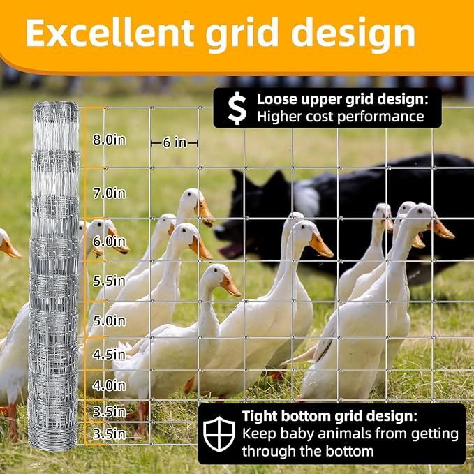 4ft x 30ft Galvanized Farm Fence, Fixed Knot Woven Wire Fence 16Ga, for Sheep Dog Panel Plant Garden Flower Bed and Field Protection