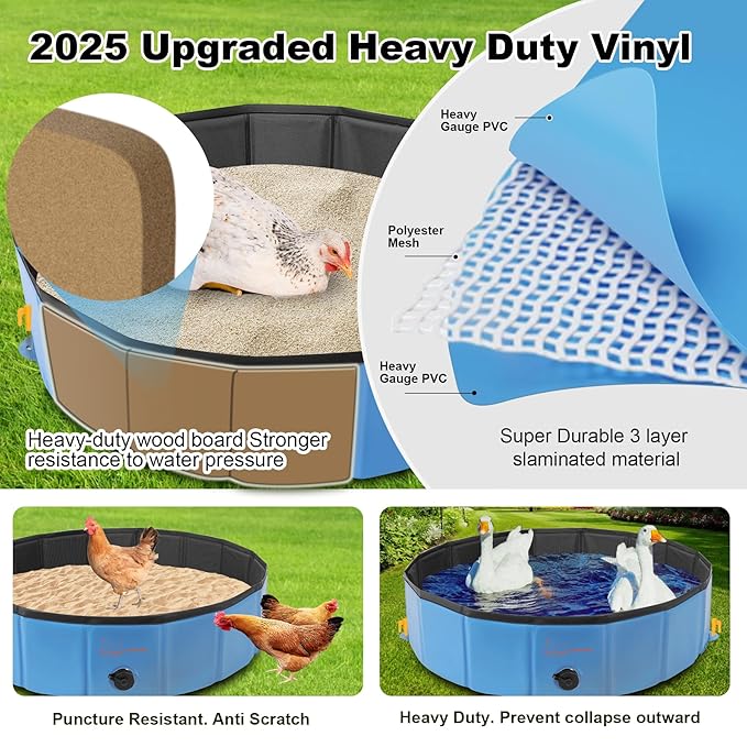 Chicken Dust Bath Tub (32'' D * 8'' H), Foldable Design, Extra-Tough PVC, Dust Bath for Chickens, Chicken Coop Lime,Chicken House Cleaner Container,Essential Chicken Coop Accessory（Blue）