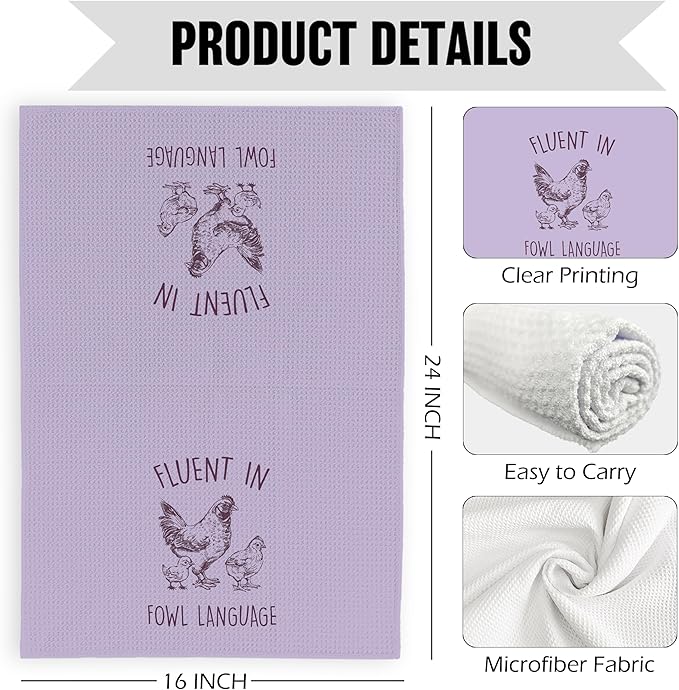 Funny Chicken Kitchen Dish Towels 16x24 Inch, Purple Crazy Chicken Gifts for Chicken Lover Chicken Mom, Fluent in Fowl Language Decorative Hand Towels Tea Towels for Farmhouse Home