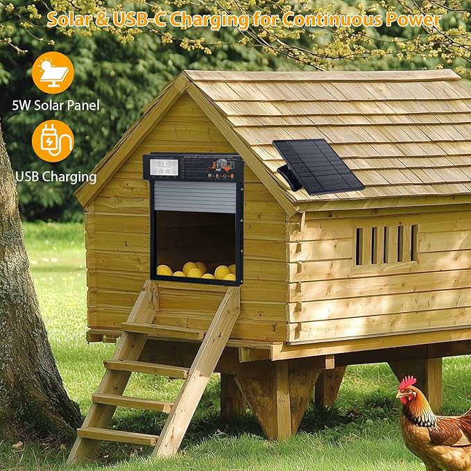 Automatic Chicken Coop Door Solar Powered with Timer & Light Sensor, Motion Sensor, LCD Display & Remote Control, Weatherproof Chicken Door for Chicken, Ducks, Rabbits