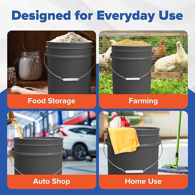 ePackageSupply 5 Gallon Plastic Bucket with Airtight Lid | Made in USA | Food Grade Bucket | BPA-Free | Heavy Duty 90 Mil All Purpose Pail | One 12" Rubber Mallet & One Lid Opener Included | 6 Pack