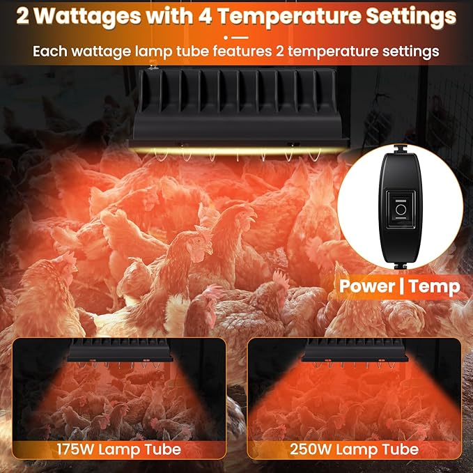 Heat Lamp for Chickens, Coop Heater for Chicks with 2pcs Heating Bulbs (250W&175W), Adjustable Temp.& Hanging Heights, Brooder Heater for Indoor Outdoor Use in Livestock Supplies (2, Black)