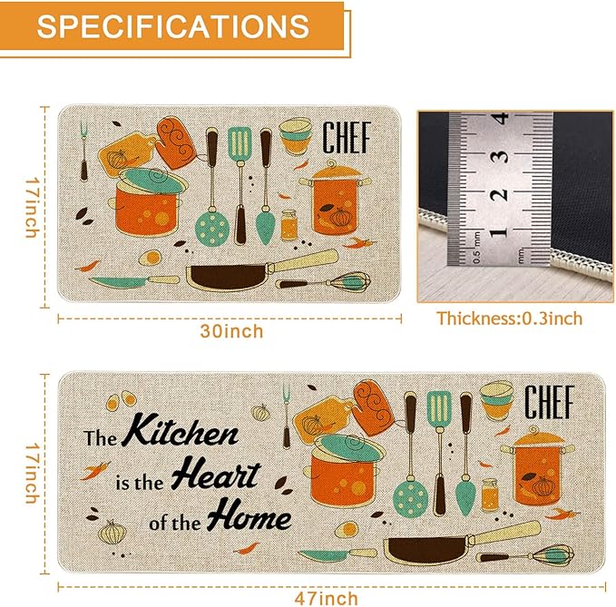 The Kitchen is The Heart of The Home Kitchen Mats Set of 2, Non-Slip Rubber Back Kitchen Rugs, Seasonal Holiday Cooking Sets Washable Floor Mat for Home Kitchen Decor - 17x29 and 17x47 Inch
