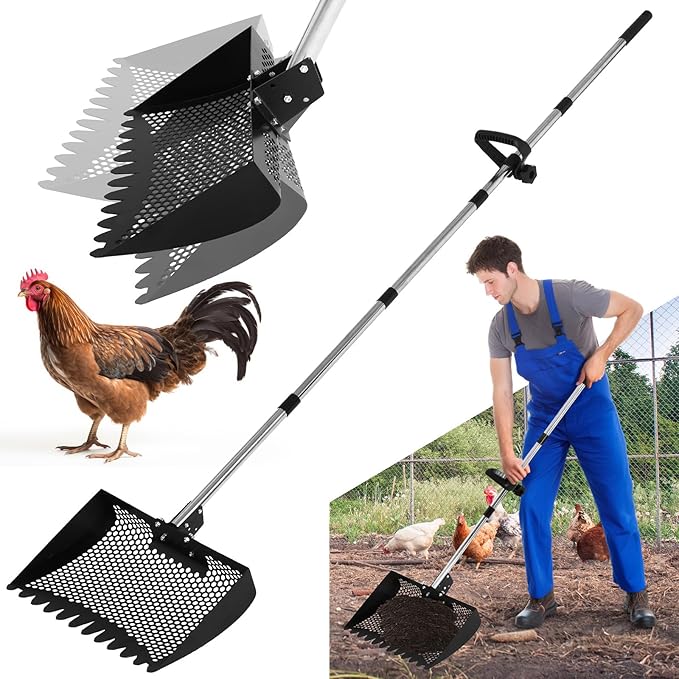 Lothee 11.8 Inch 2-in-1 Large Chicken Poop Scooper & Rake with Adjustable Shovel Head Angle, 5 Length Adjustable Stainless Steel Handle(23-76"), Coop Rake Ergonomic Grip for Chicken Coop Cleaning