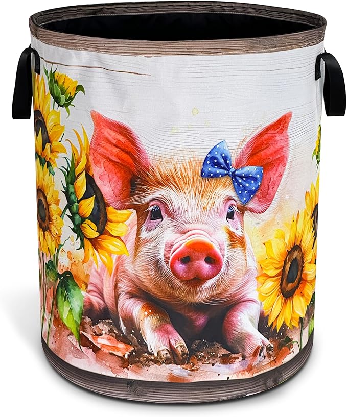 Cute Pig Sunflower Laundry Basket Oxford Cloth Farm Animal Laundry Hamper With Handle Foldable Portable Clothes Storage Basket 18.9 X 16.5 In Storage Bag For Laundry Room/Bathroom/Bedroom/Dormitories