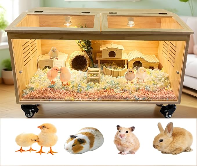 Brooder Box for Chicks Pine Wood Chicken brooder Box with Thermostat & Heating Lamp & Brake Casters，Solid Panels Chick brooder for Chicks, Ducklings, Hamsters, Guinea Pigs - Chew-Proof (40x20x20 in)
