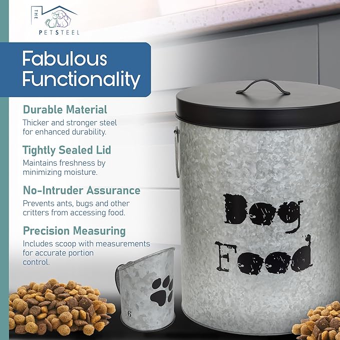 Small Dog Up To 20lb Pet Food Storage Canister Dog Bin with Scoop – Durable & Airtight for Freshnesss, Minimalist Design & Recyclable, Small Metal Container for Kitchen Countertop