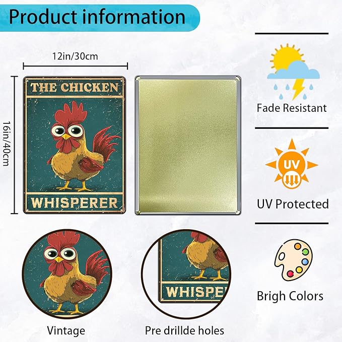 KIYOYO Funny The Chicken Whisperer Metal Sign Vintage Chicken Tin Sign Metal Poster Home Kitchen Farm Coffee Office Country Chicken Coop Poster Wall Decor 12x16 Inch