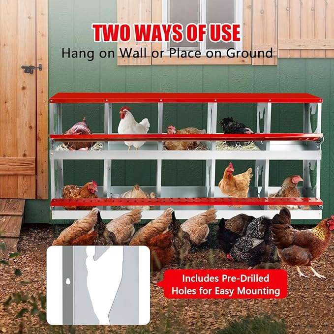 Chicken Nesting Box for Laying Eggs,10 Hole Roll Away Nesting Boxes,Chicken Laying Boxes with Large Vented Holes,Wall-Mountable Chicken Coop Nesting Boxes,Metal Laying Boxes for Hens,Ducks(Red)