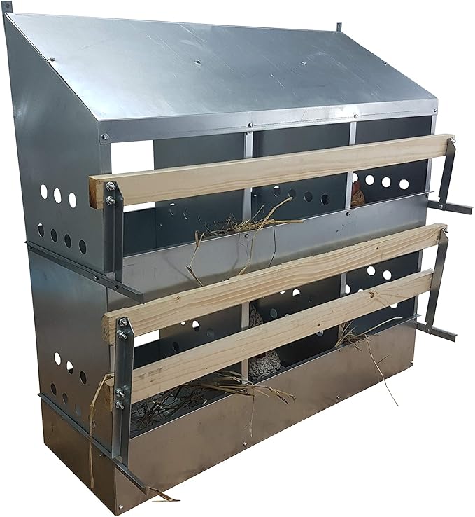 6 Hole Heavy Duty 23ga Galvanized Chicken Nesting Laying Roost Box Made in USA | High Front and Back Panels | Easy to Remove and Clean | Heavy Duty perches hinged Upward | Rust Resistant 0300112