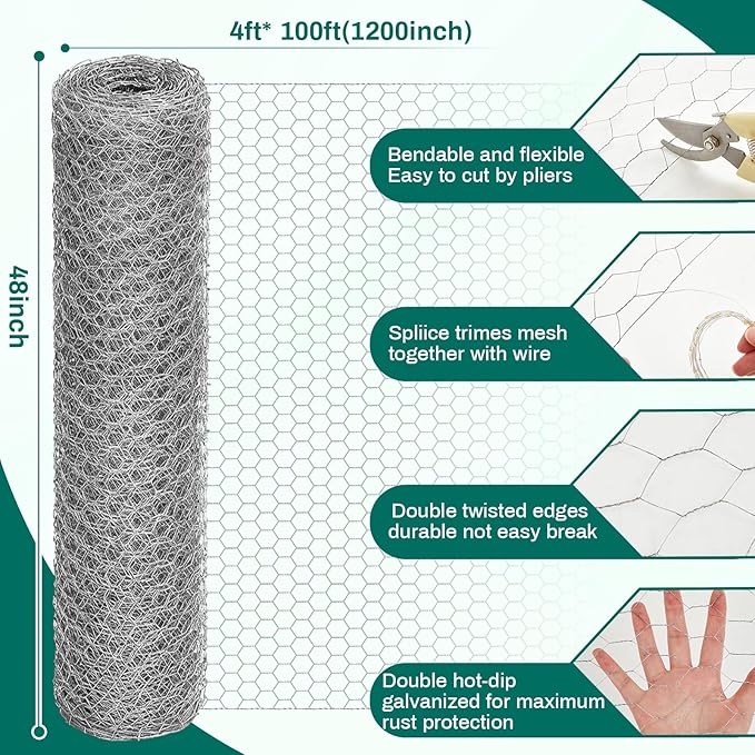 48 in x 100 ft Chicken Wire Fencing Mesh, Metal Floral Chicken Wire for Floral Arrangements, 0.6 Inch Hexagonal Galvanized Poultry Netting for Garden, Coop Barrier, Duck Rabbit Cage(Silver)