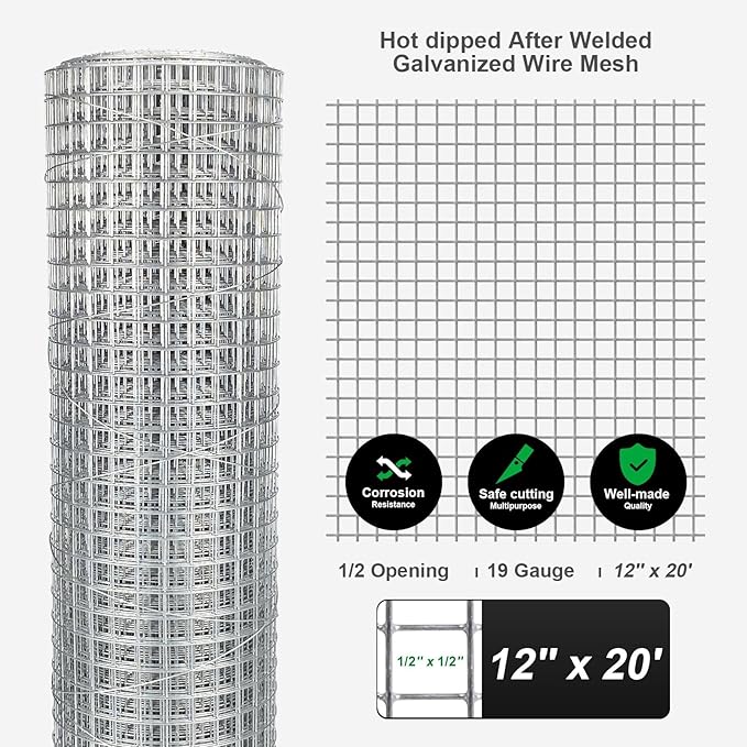 Hardware Cloth 12'' x 20' 1/2 in Galvanized Wire Mesh Roll (19 GA) Chicken Wire Fence Roll for Chicken Pen/coop Fences, Screen mesh, Rabbit/Snake Fences, Poultry enclosures, Handicraft Making, etc.