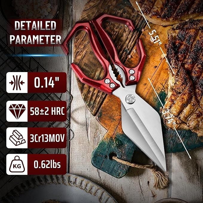 Dream Reach Poultry Shears - Heavy Duty Kitchen Scissors for Food with Ergonomic Handle, Japanese High-Carbon Steel Culinary Shears for Chicken, Meat, Seafood, Bone Cutting, Christmas Gifts (Red)