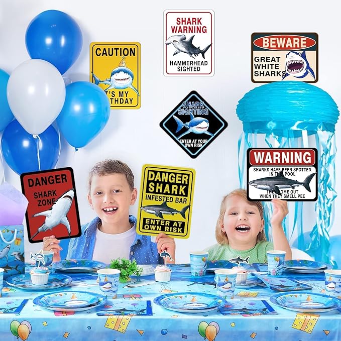 WERNNSAI Shark Birthday Party Decorations - 9 PCS Blue Shark Party Decoration Signs for Kids Boys Under The Sea Birthday Supplies Ocean Shark Signs Decor for Ocean Themed Baby Show Party Favors