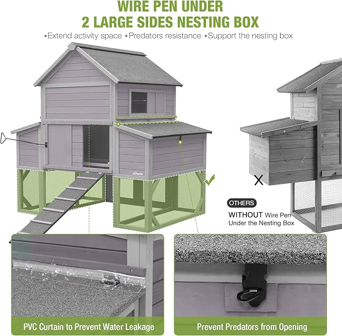 GUTINNEEN Large Chicken Coop 135" Chicken House with Run Wooden Hen House Poultry Cage with 6 Large Nesting Boxes,10-15 Chickens