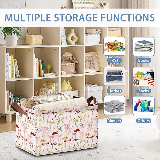 Cute Pink Bow Storage Baskets,Foldable Organizer Bin with Handles for Home Living Room Bedroom Closet Box 17x11.5x10Inch
