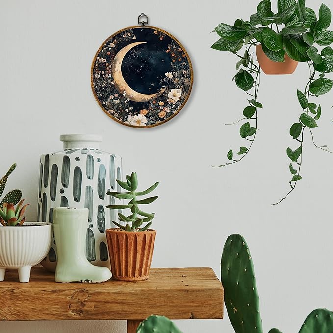Hiuwevt Mystical Star Sky Lunar Floral Round Wall Art Decor, Dark Cottagecore Crescent Moon Hanging Canvas Prints Artwork Framed, Rustic Wildflower Circular Wall Decor for Home Room, 10x10 Inch