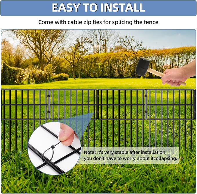 17in(H) x10ft(L) Garden Animal Barrier Fence, No Dig Decorative Fences, 1.5in Spike Spacing Rustproof Metal Garden Fence Border for Dogs Rabbits, Bottom Blocker for Outdoor Yard Patio