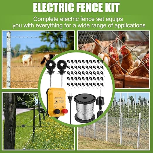 Electric Fence for Preventing Animals Intruding 2 Mile 110VAC 0.15 Joule Electric Plug in Fence, 50 Black Insulator and 1 Socket Tool 250ft Aluminum Wire for Animals and Keep Out Predators