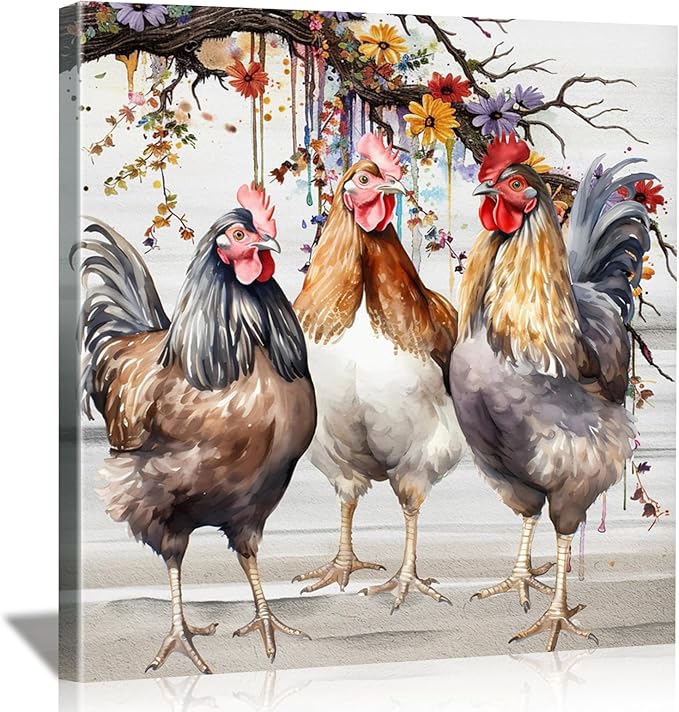 Framed Chicken Wall Art 16x16 Inch Rooster on Flower Stand Canvas Print Farmhouse Country Style Artwork for Kitchen Living Room Rustic Home Wall Decor (Three roosters, 16L×16W)
