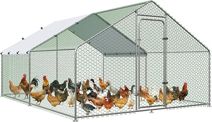Large Metal Chicken Coop Walk-in Chicken Run with Waterproof Cover Outdoor Backyard Farm Anti-UV Spire Shaped Cage for Poultry, Ducks, and Rabbits(9.8' L x 9.8' W x 6.5' H)