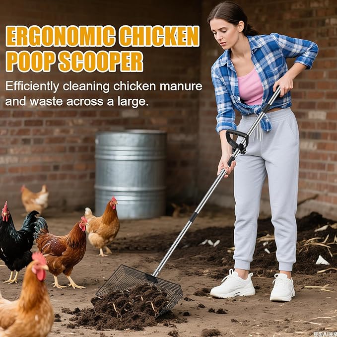 Chicken Poop Scooper & Rake 2-in-1, 15"-Large Thickened Chicken Poop Scooper, Litter Scooper Sand Sifting Shovel for Chicken Poop & Pet Waste Cleaning